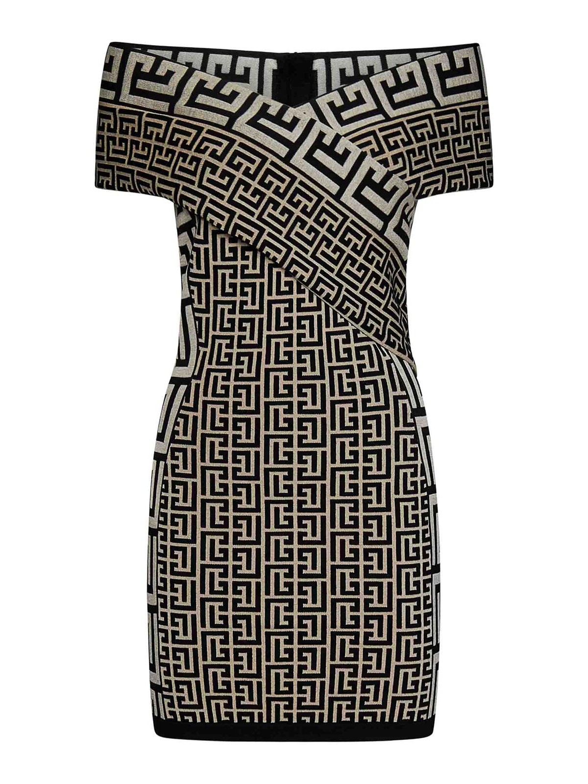 Short dresses Balmain - Black and Ivory Jacquard Fabric Short Dress ...