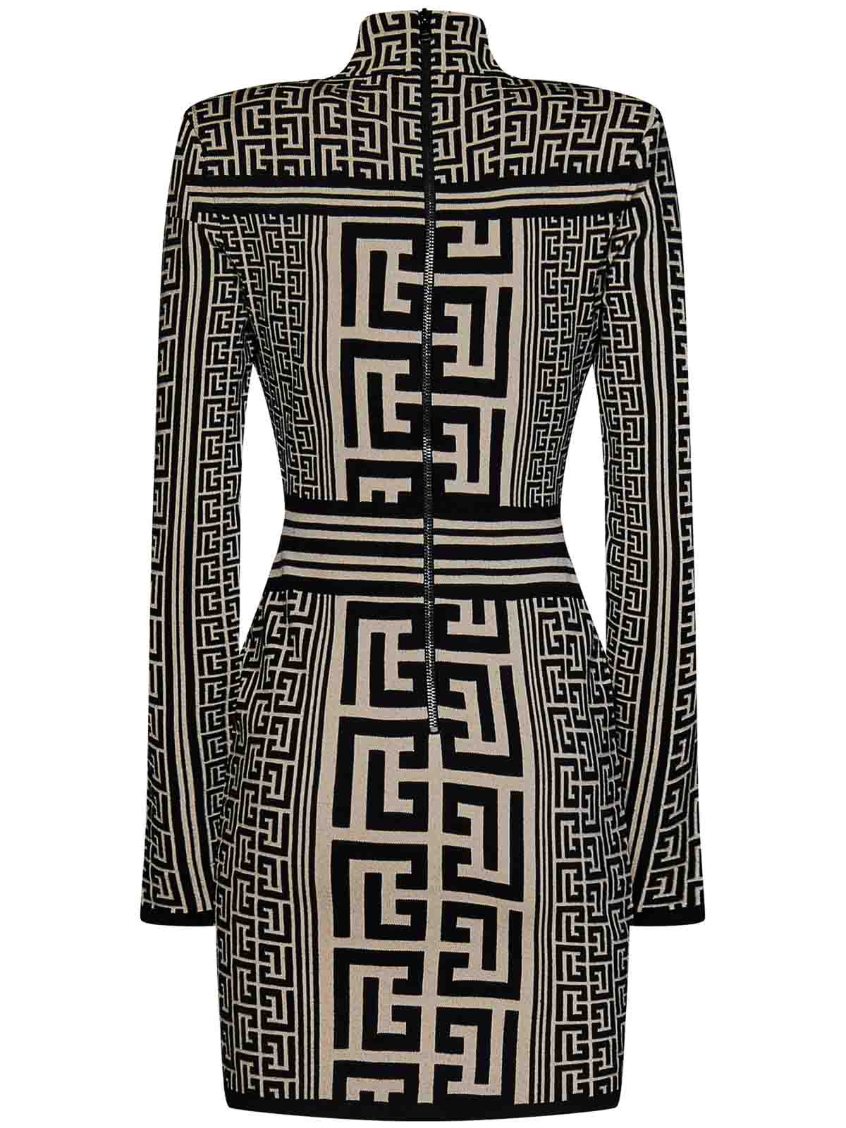 Shop Balmain Black Monogram Jacquard Knit Short Dress In White