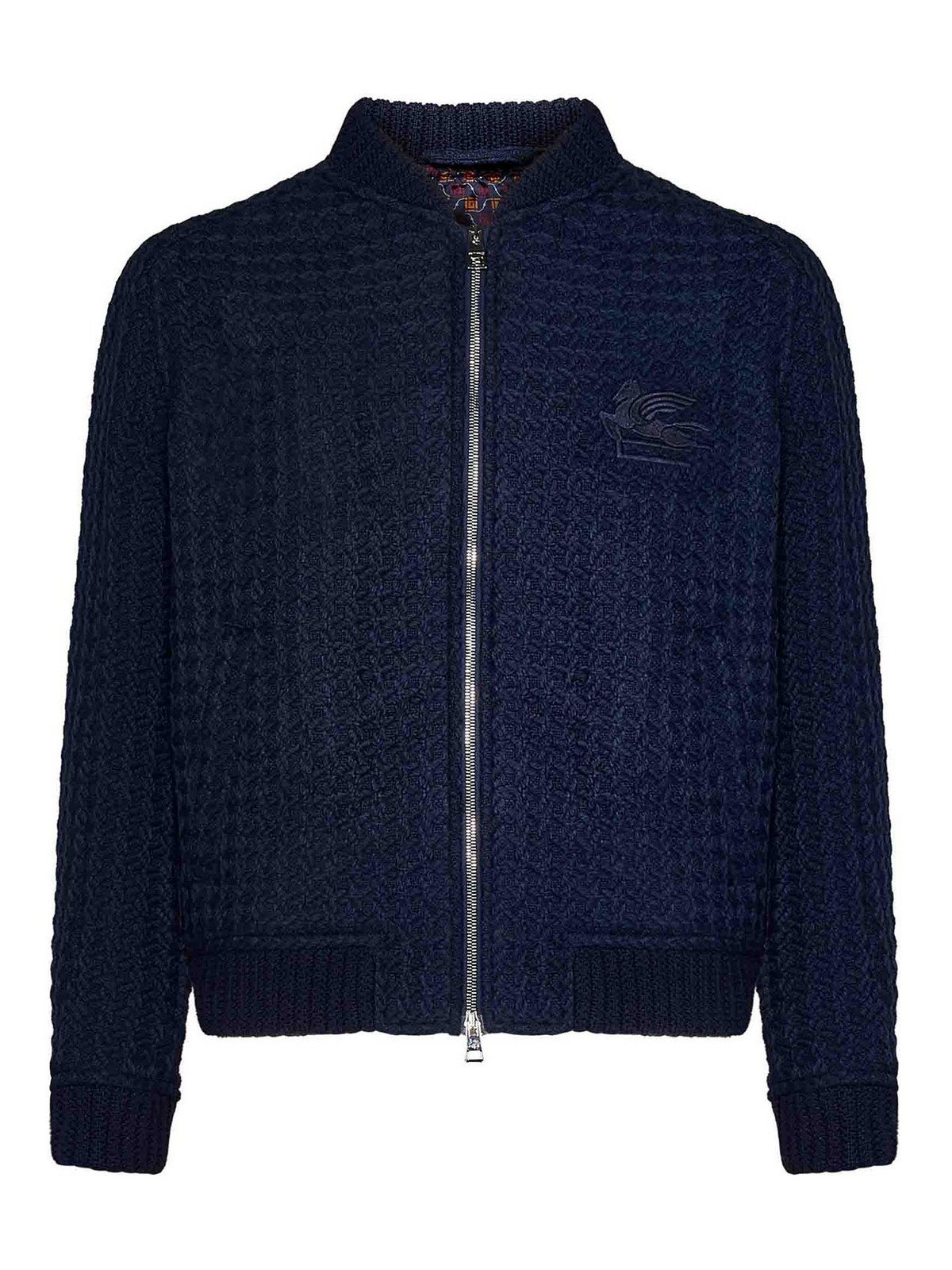 Etro Intarsia Knit Bomber Jacket with Logo Blue 1S3830006200