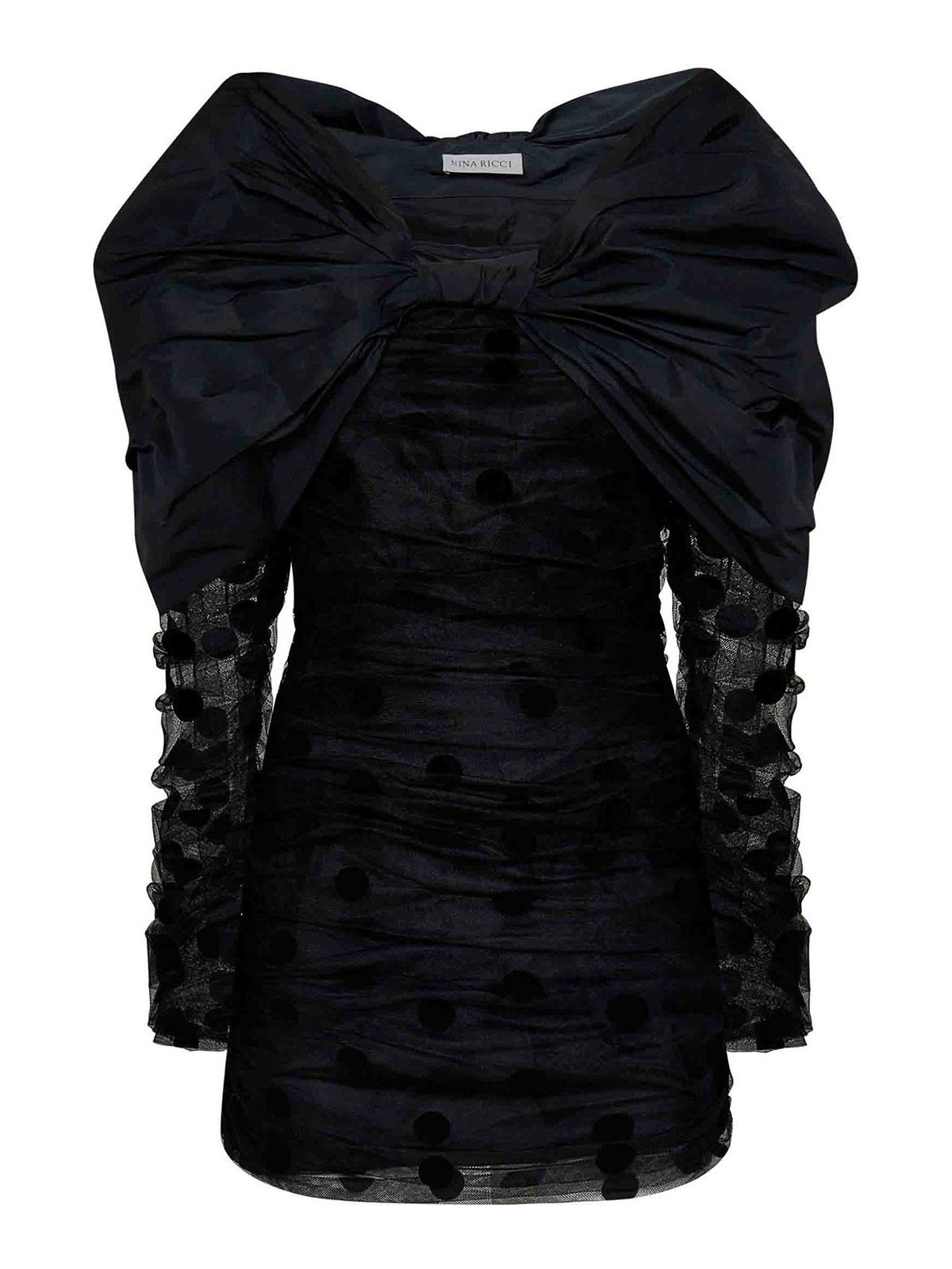 Nina Ricci Off-the-shoulder Bow-detailed Taffeta-trimmed Flocked Tulle Mini Dress In Black