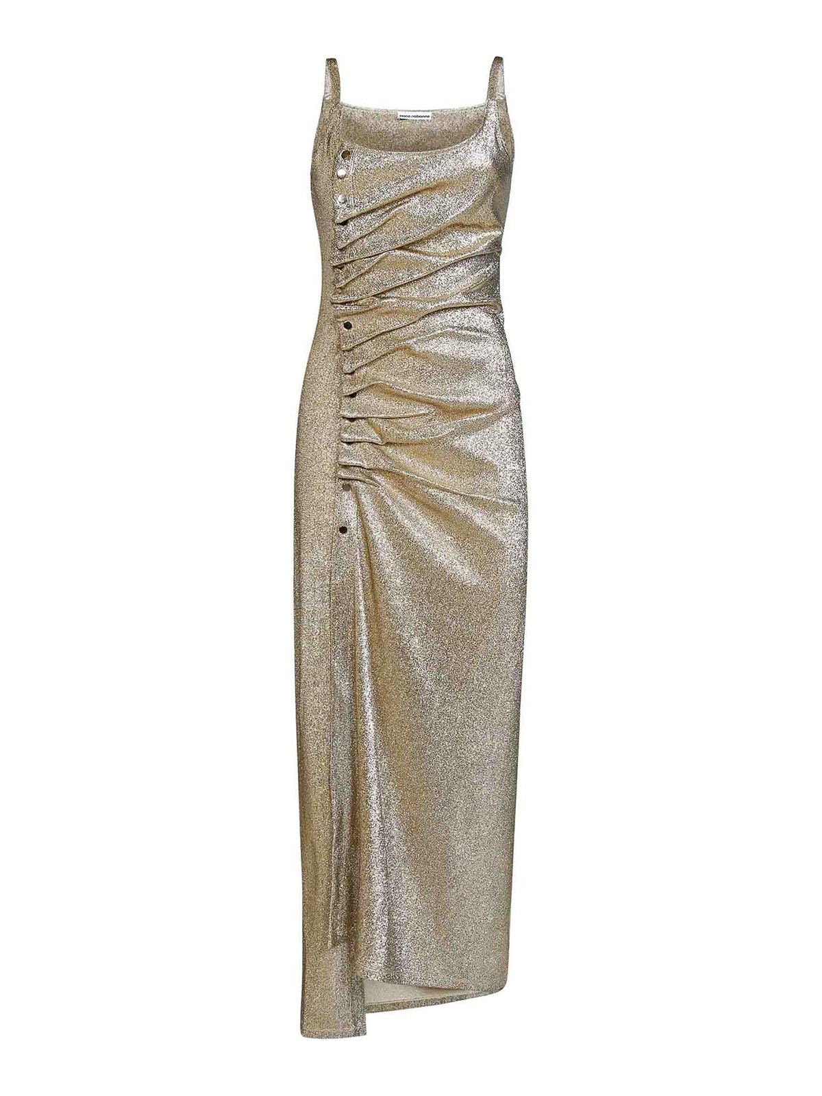 Shop Rabanne Gold Lurex Jersey Draped Long Dress