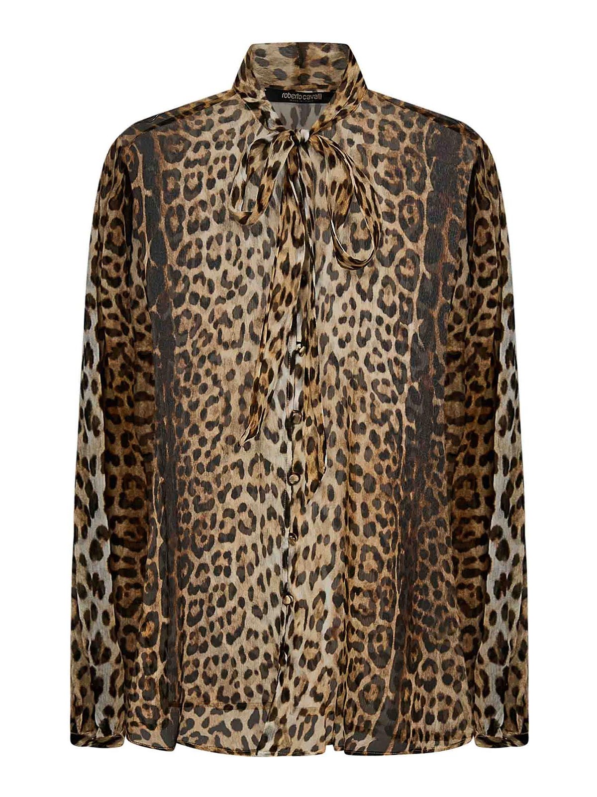 Shop Roberto Cavalli Leopard-print Semi-transparent Silk Shirt In Brown