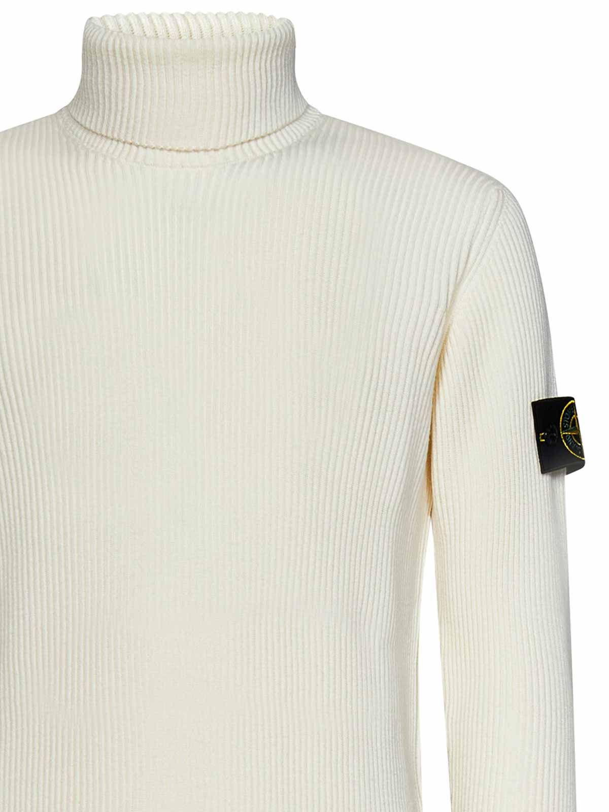 Crew necks Stone Island - Natural White Ribbed Wool Turtleneck