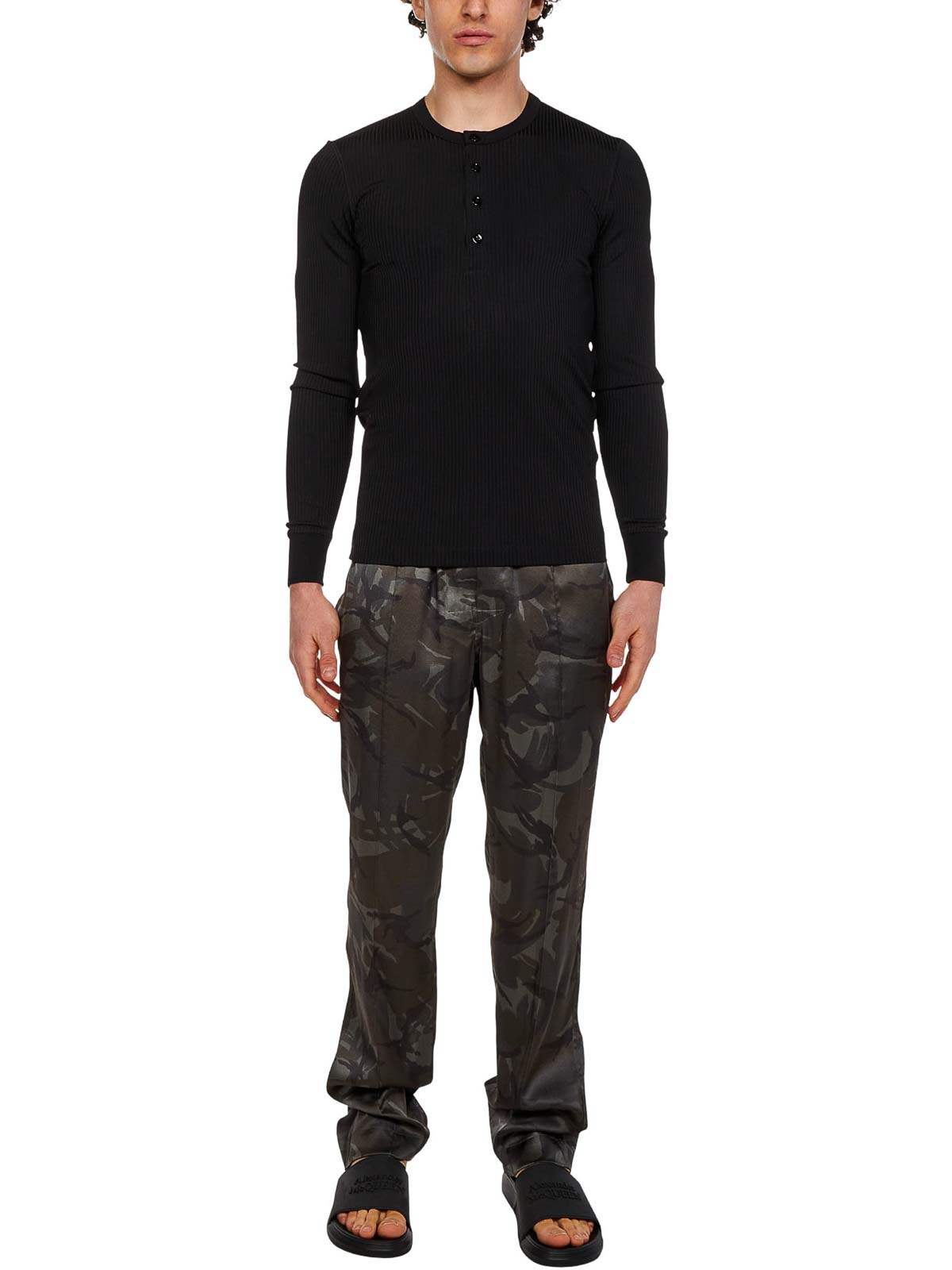 Shop Tom Ford Olive Green Silk Satin Camouflage Pants