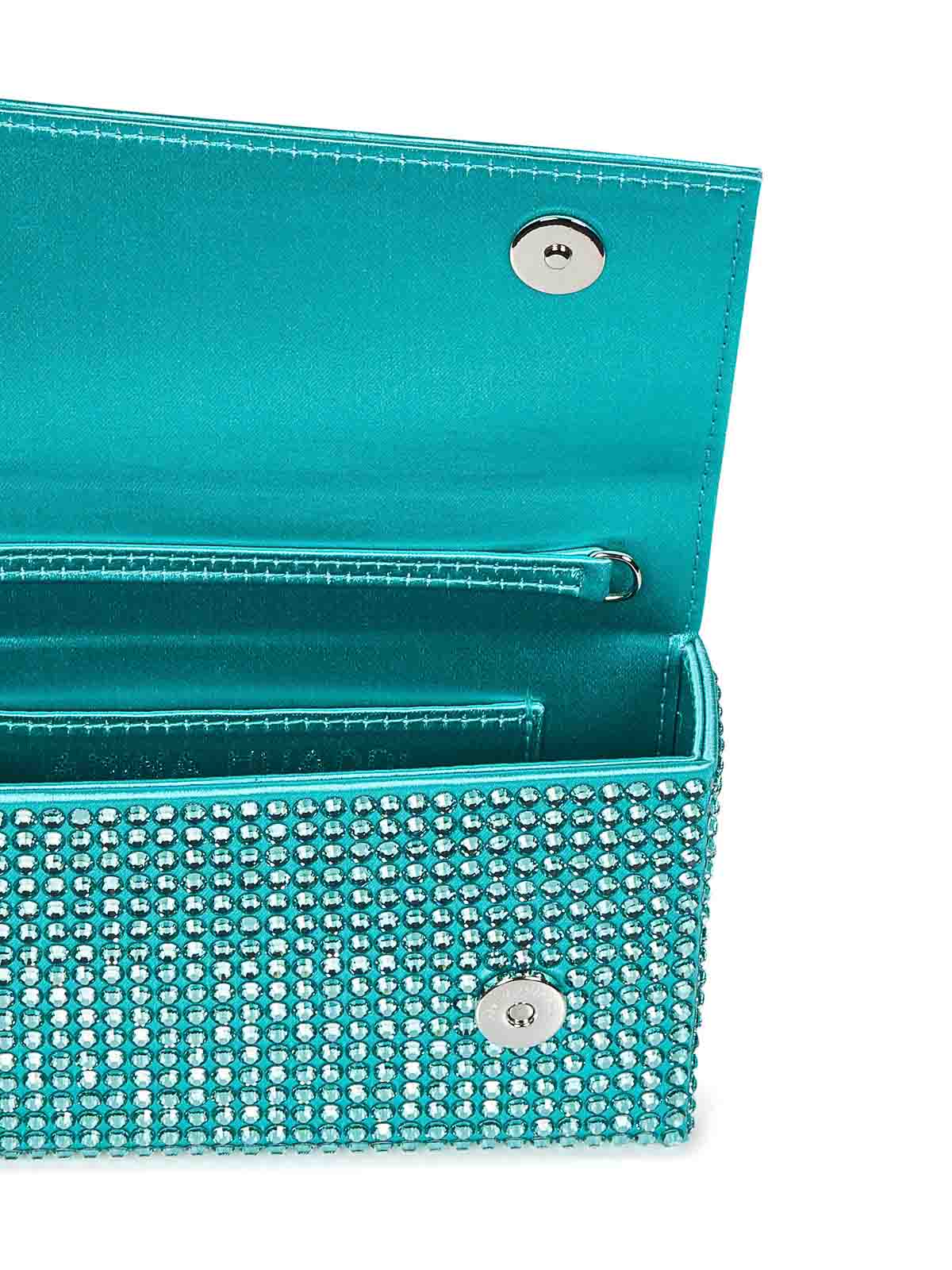 Shop Amina Muaddi Caribbean-colored Satin And Crystals Clutch In Green