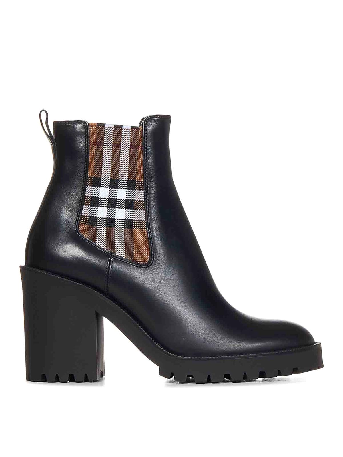 Shop Burberry Black Leather Ankle Boots With Check Inserts