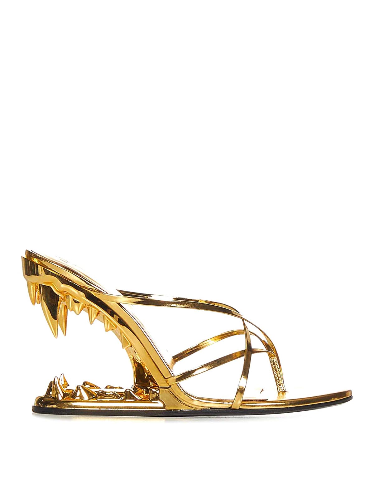 GCDS HIGH LAMINATED GOLD SANDALS WITH MORSO HEEL