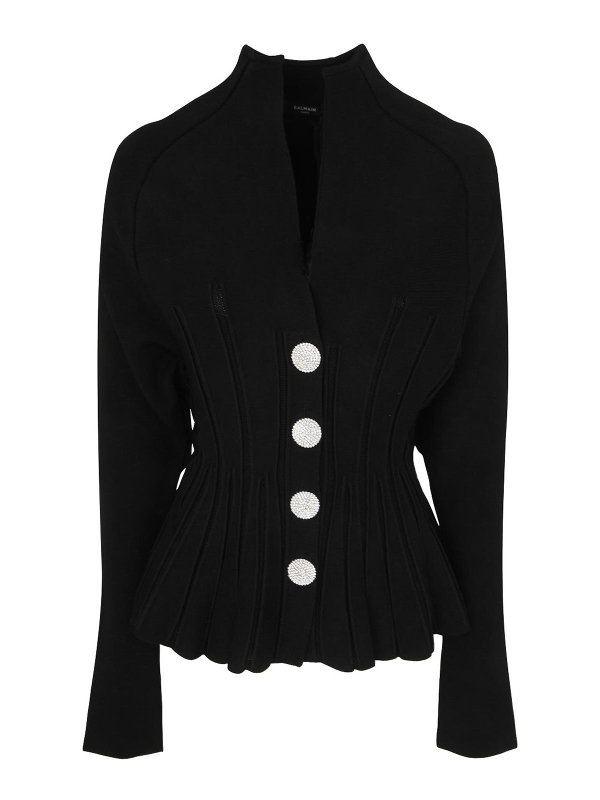 Shop Balmain Buttoned Ribbed Knit Basque Cardigan In Black