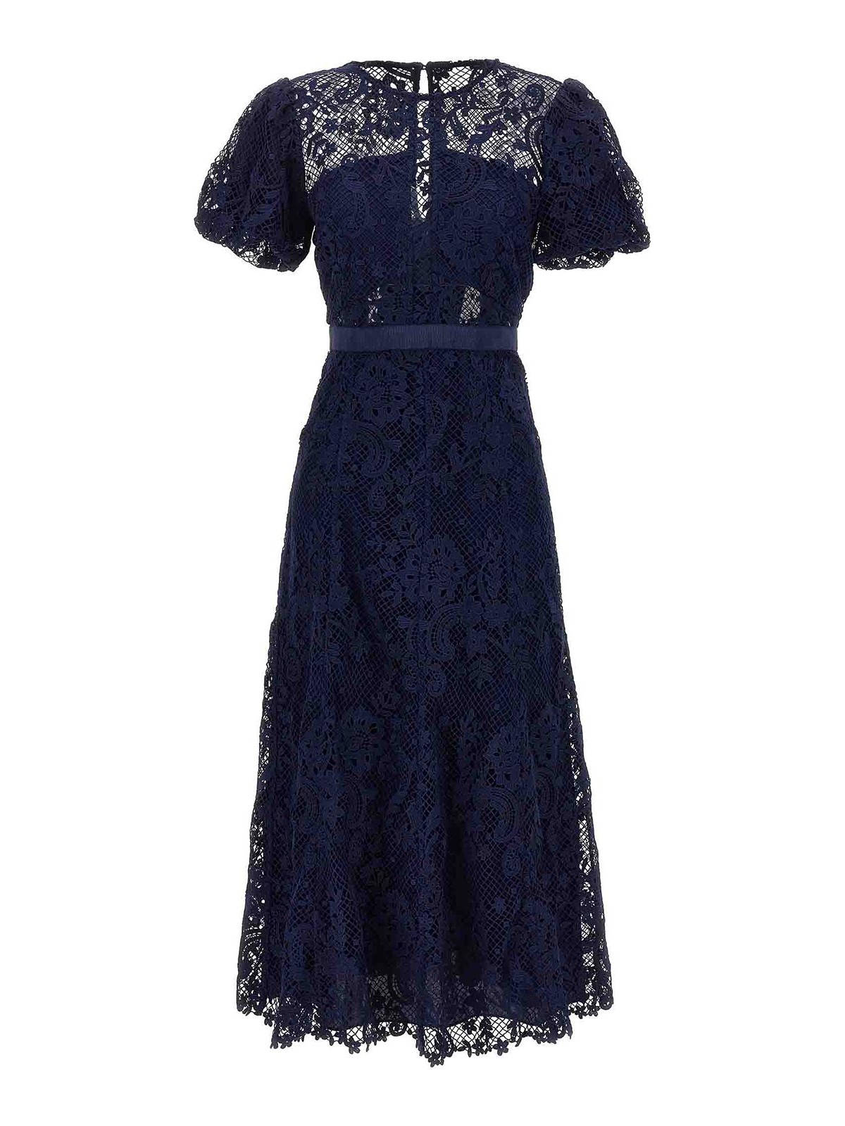 Knee length dresses Self Portrait - navy lace puff sleeve midi dress ...