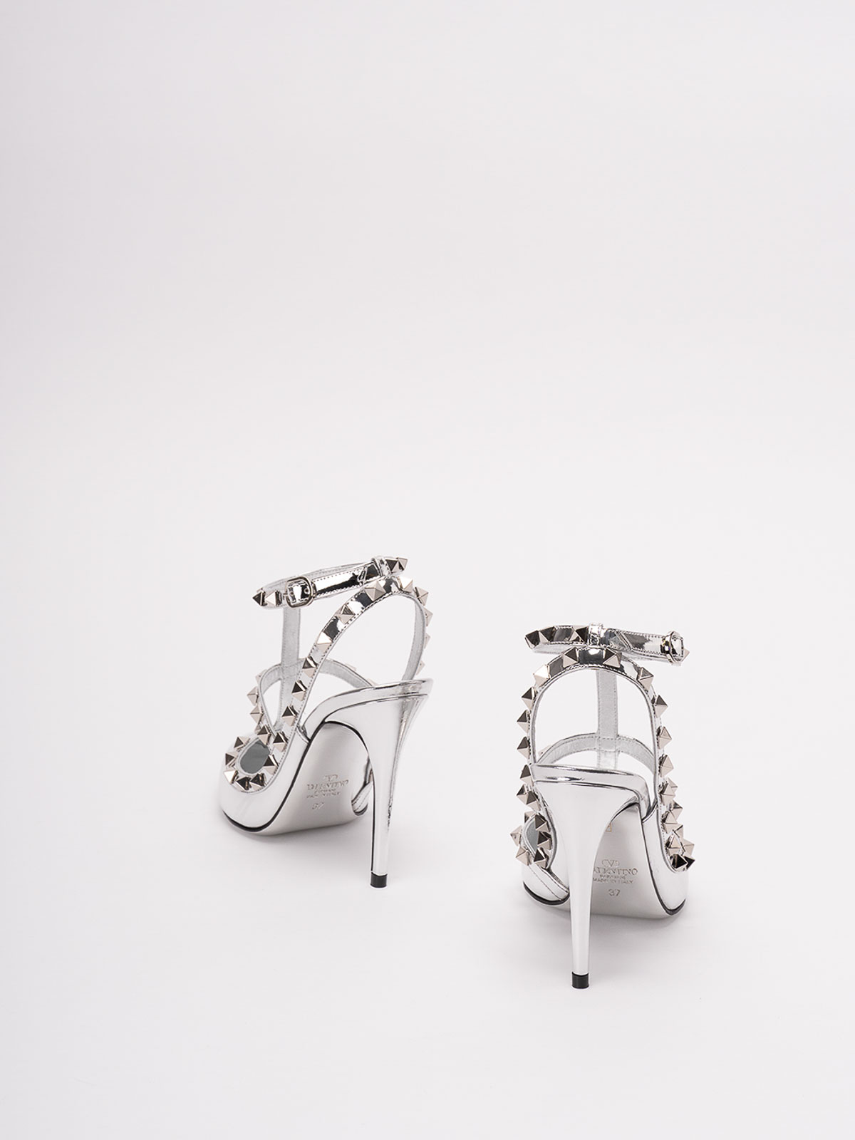 Shop Valentino `rockstud` Leather Ankle Strap Pumps In Silver