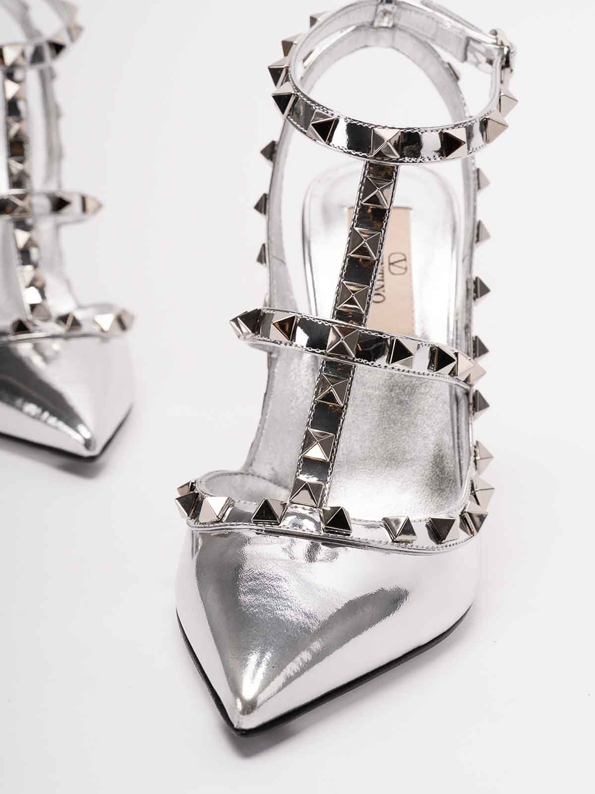 Shop Valentino `rockstud` Leather Ankle Strap Pumps In Silver