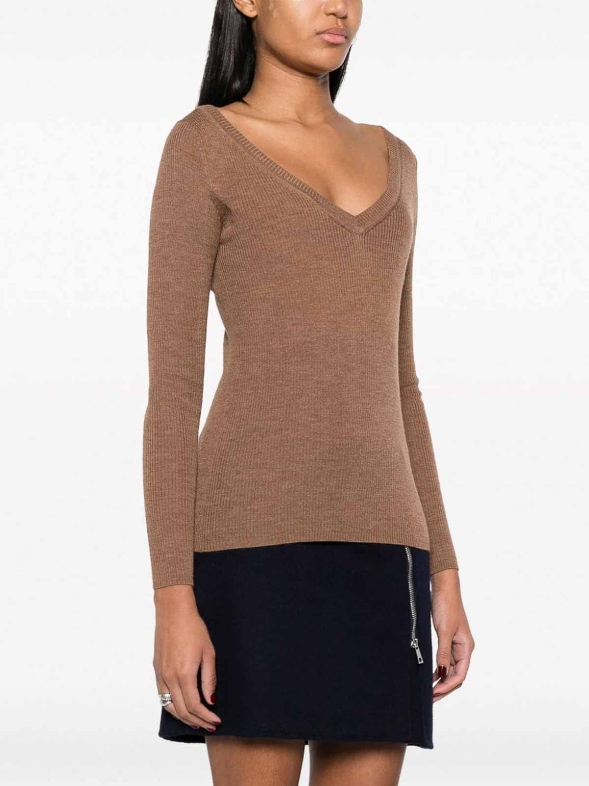 Shop P.a.r.o.s.h V-neck Ribbed-knit Wool Jumper In Dark Brown