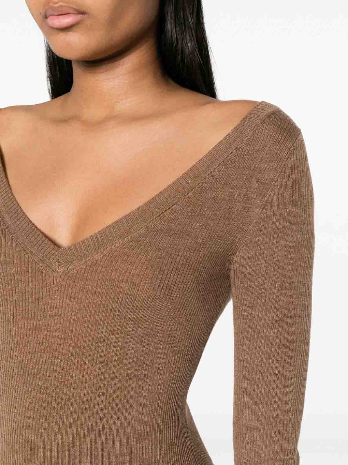 Shop P.a.r.o.s.h V-neck Ribbed-knit Wool Jumper In Dark Brown