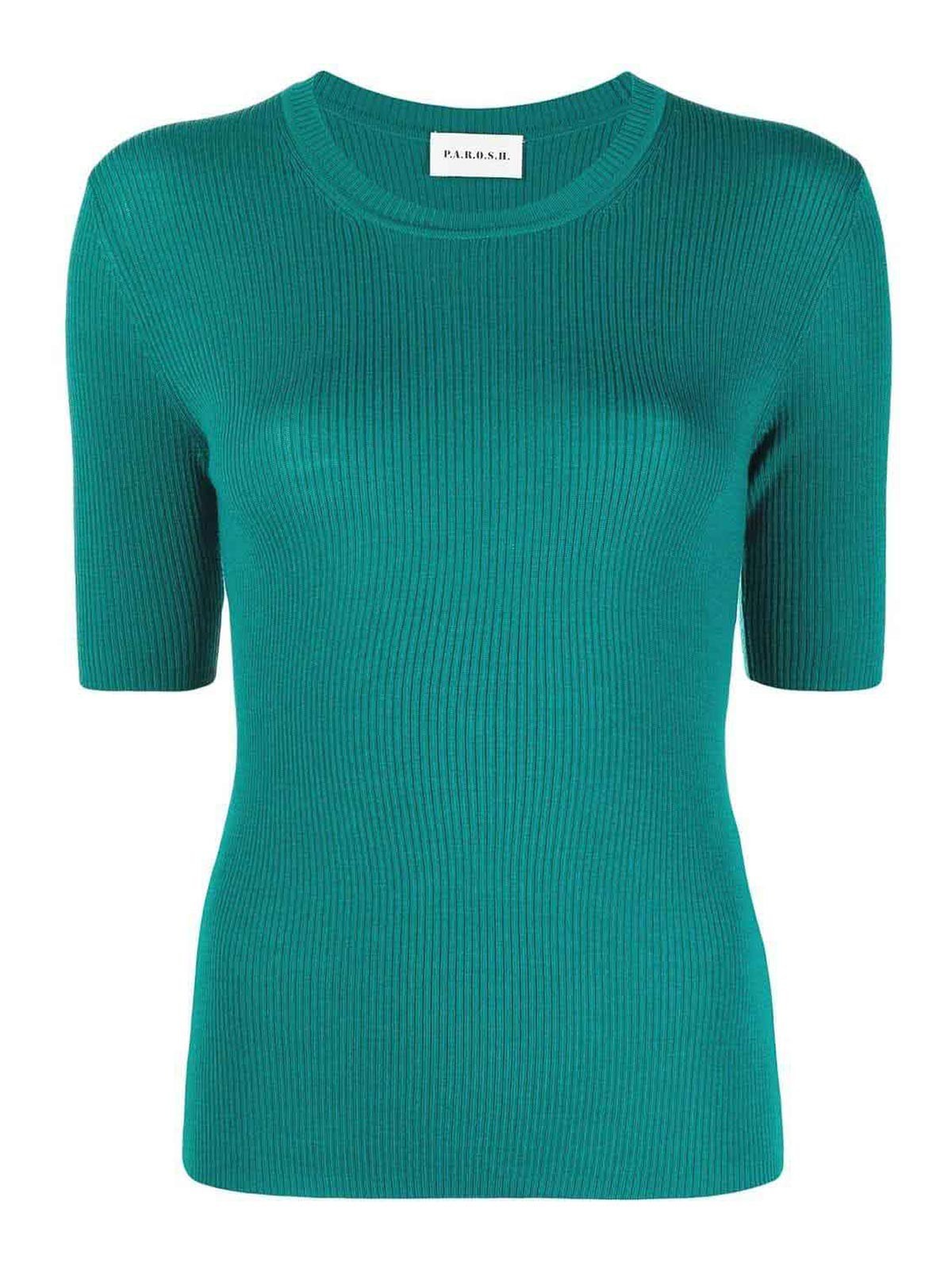 Shop P.a.r.o.s.h Sleeved Round-neck Knit Top In Green