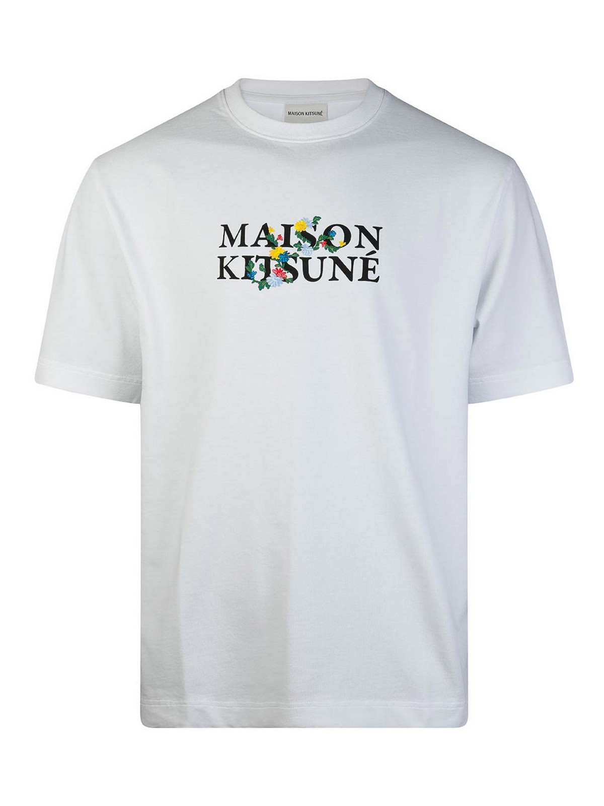Maison Kitsuné White Cotton Flowers Embroidered T-shirt