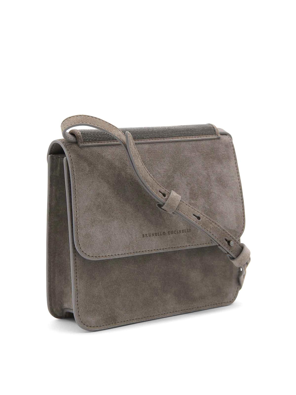 【送料&関税込】Brunello Cucinelli Dark Grey Leather Crossbo Brunello Cucinelli - Carbon Leather Monili Fringed Mini