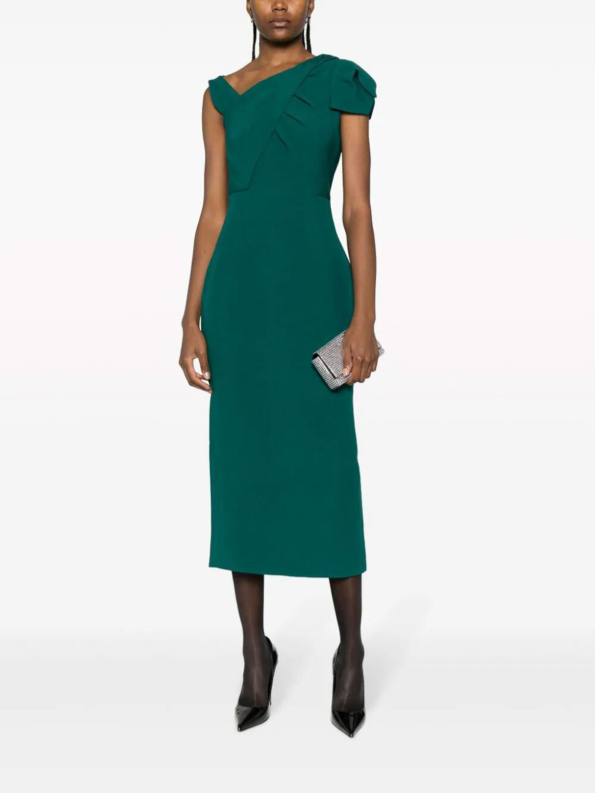 Roland Mouret Short sleeve silk wool midi dress|RMAW23016MADGDARKGREEN