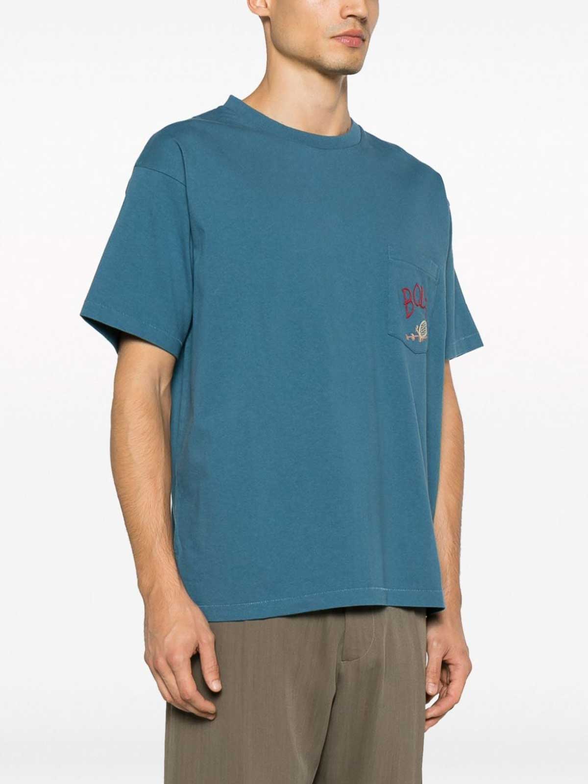 Embroidered Cotton Jersey T Shirt in Blue - Bode