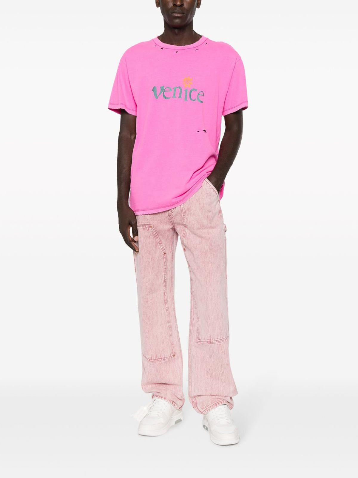 Shop Erl Venice Cotton And Linen Blend T-shirt In Nude & Neutrals