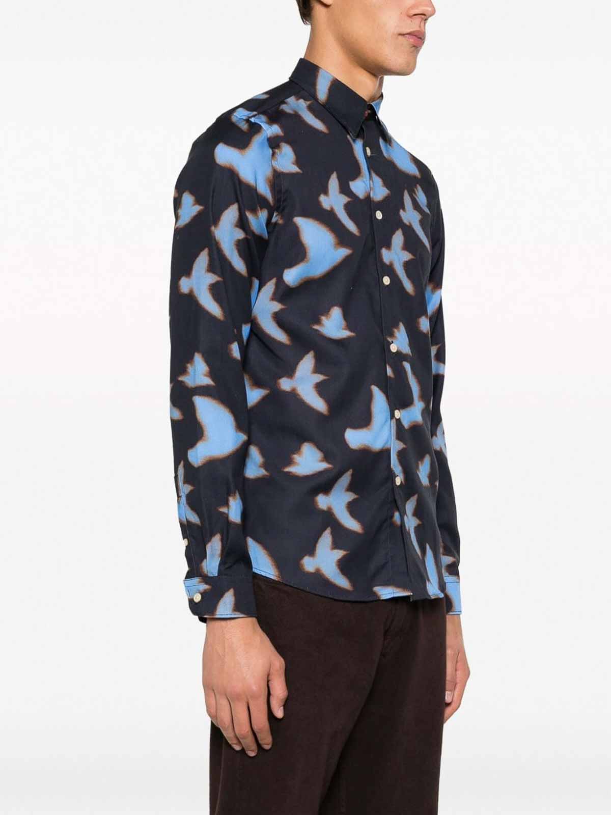 Shop Paul Smith Shadow Birds Cotton Blend Shirt In Blue