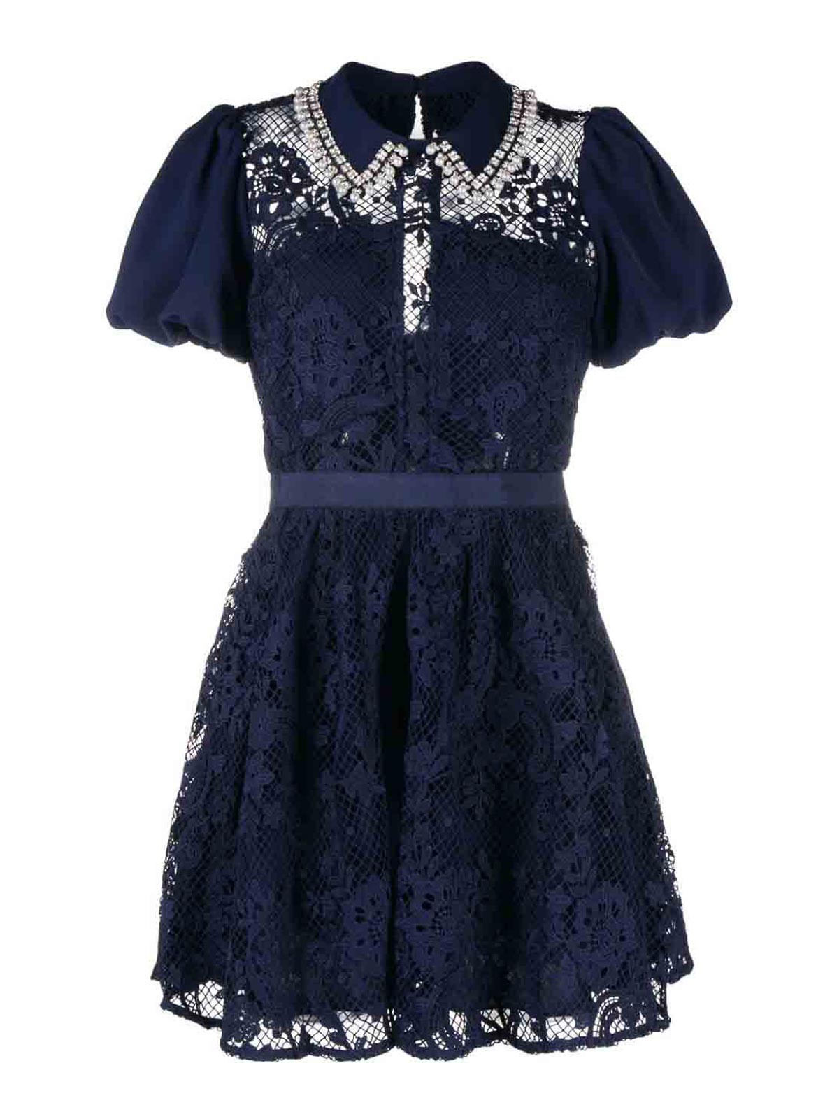 Self Portrait Lace diamante collar mini dress - Blue|AW23099SNAVY