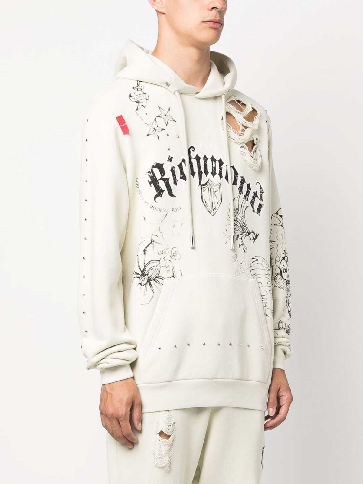 John Richmond Distressed-Effect Hoodie - White|RMA23072FEA8BONE