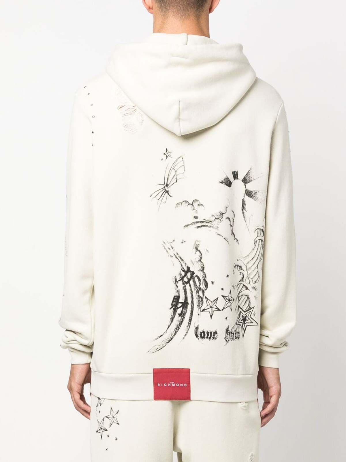 John Richmond Distressed-Effect Hoodie - White|RMA23072FEA8BONE