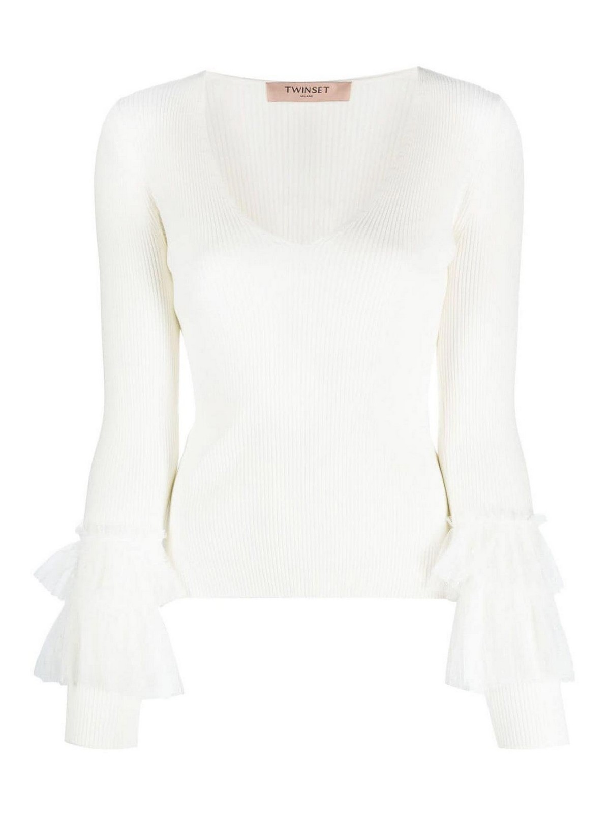 Shop Twinset Tulle Ribbed Knit Top In Cream