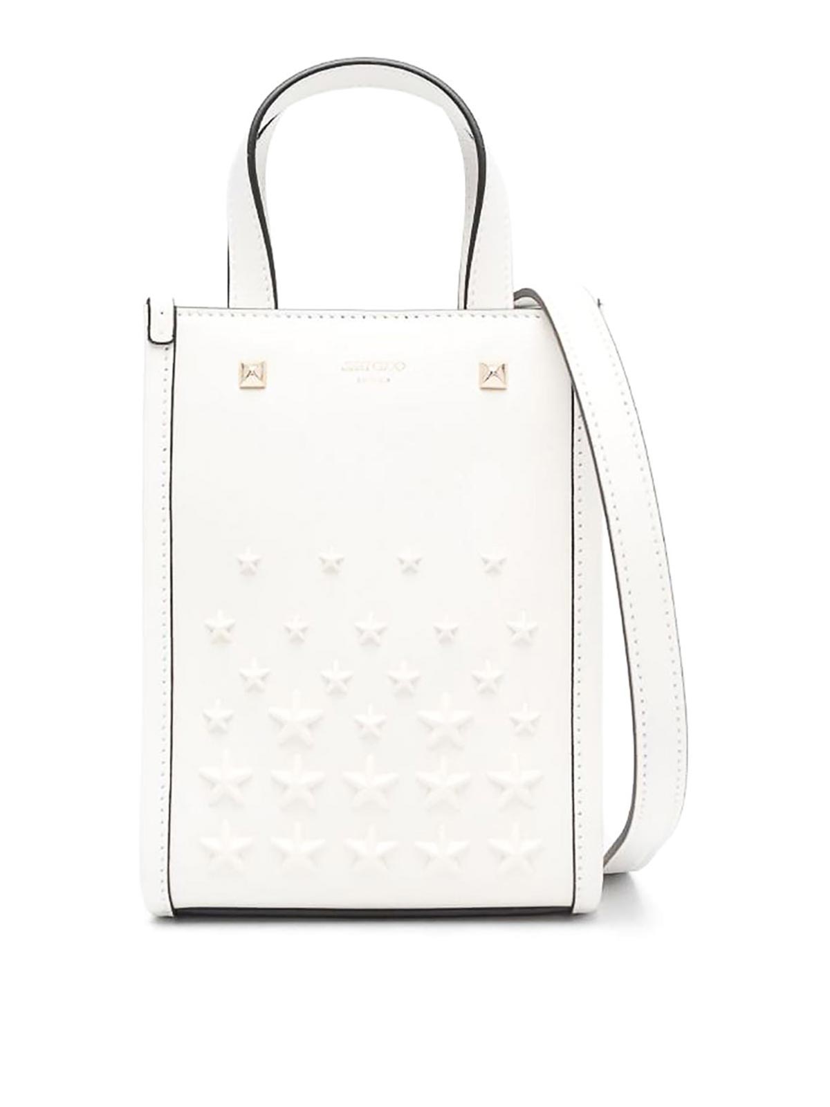 Jimmy Choo White tote, star studs|MININSTOTEAORLATTELIGHTGOLD