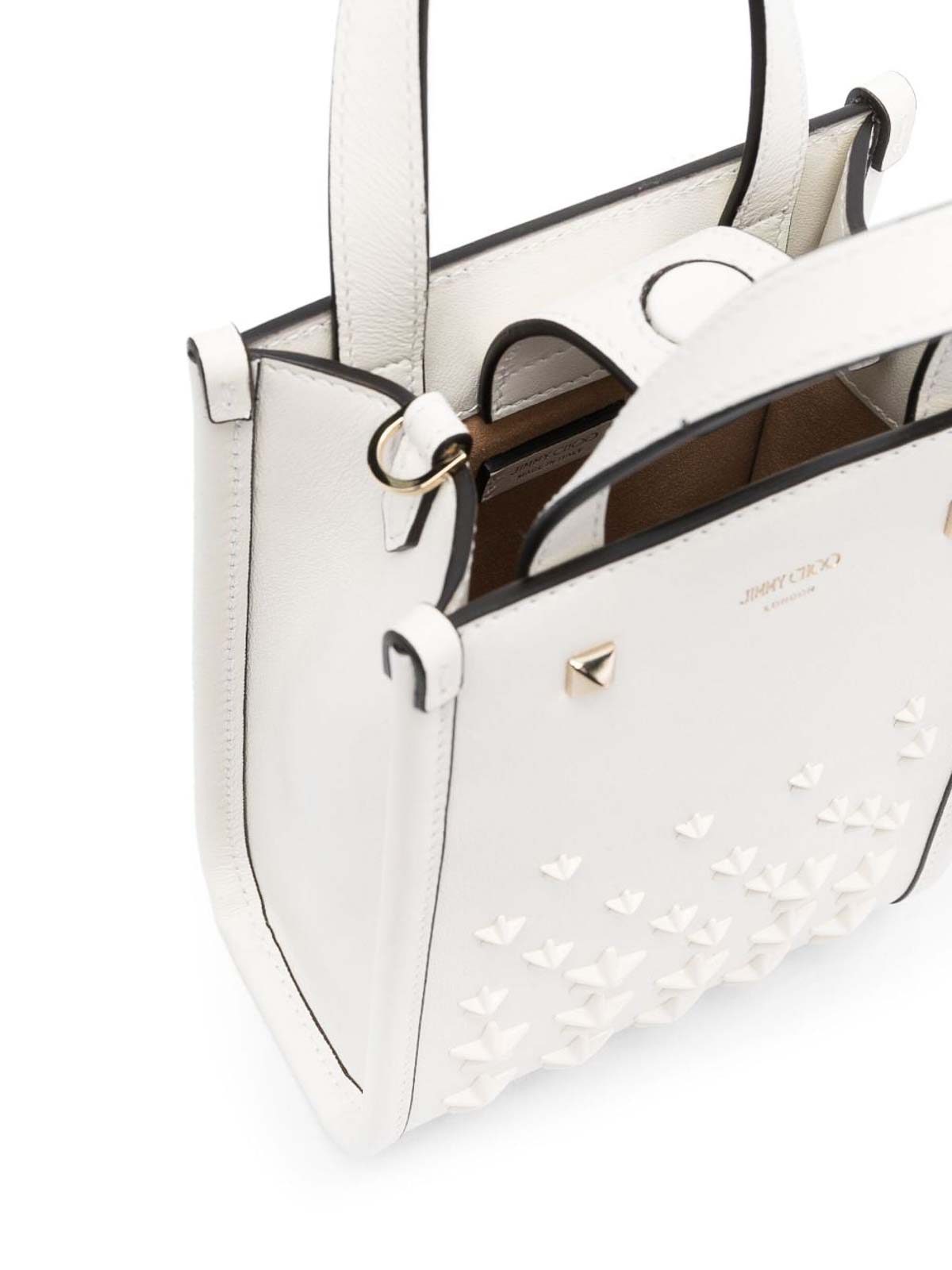 Jimmy Choo White tote, star studs|MININSTOTEAORLATTELIGHTGOLD