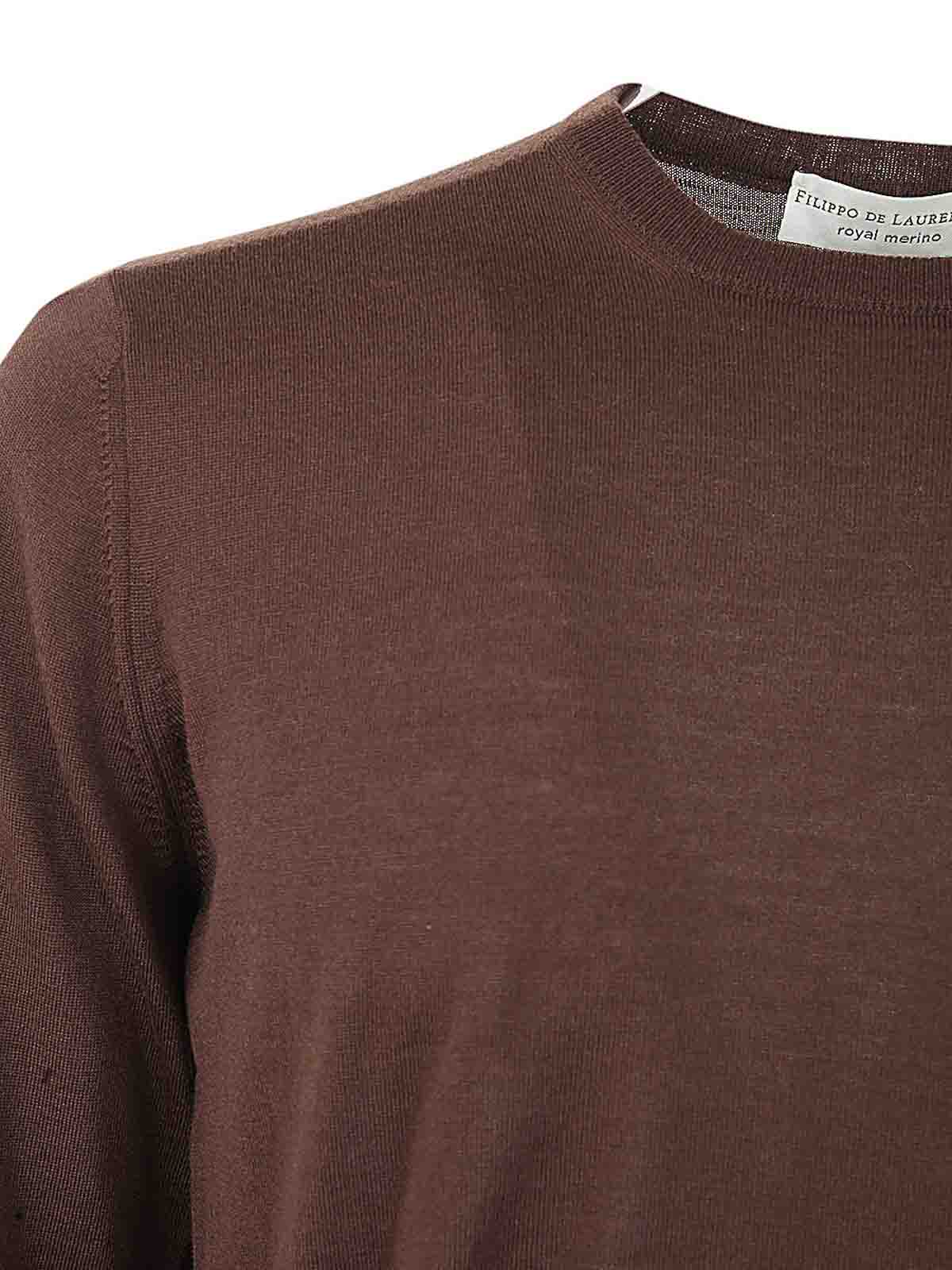 Shop Filippo De Laurentiis Royal Merino Long Sleeves Crew Neck Sweater In Brown