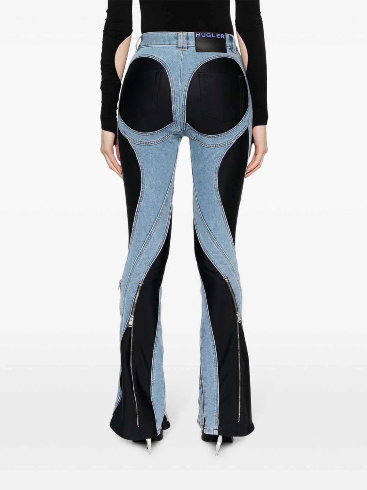 Shop Mugler Slited Bi-material Spiral Jeans In Blue