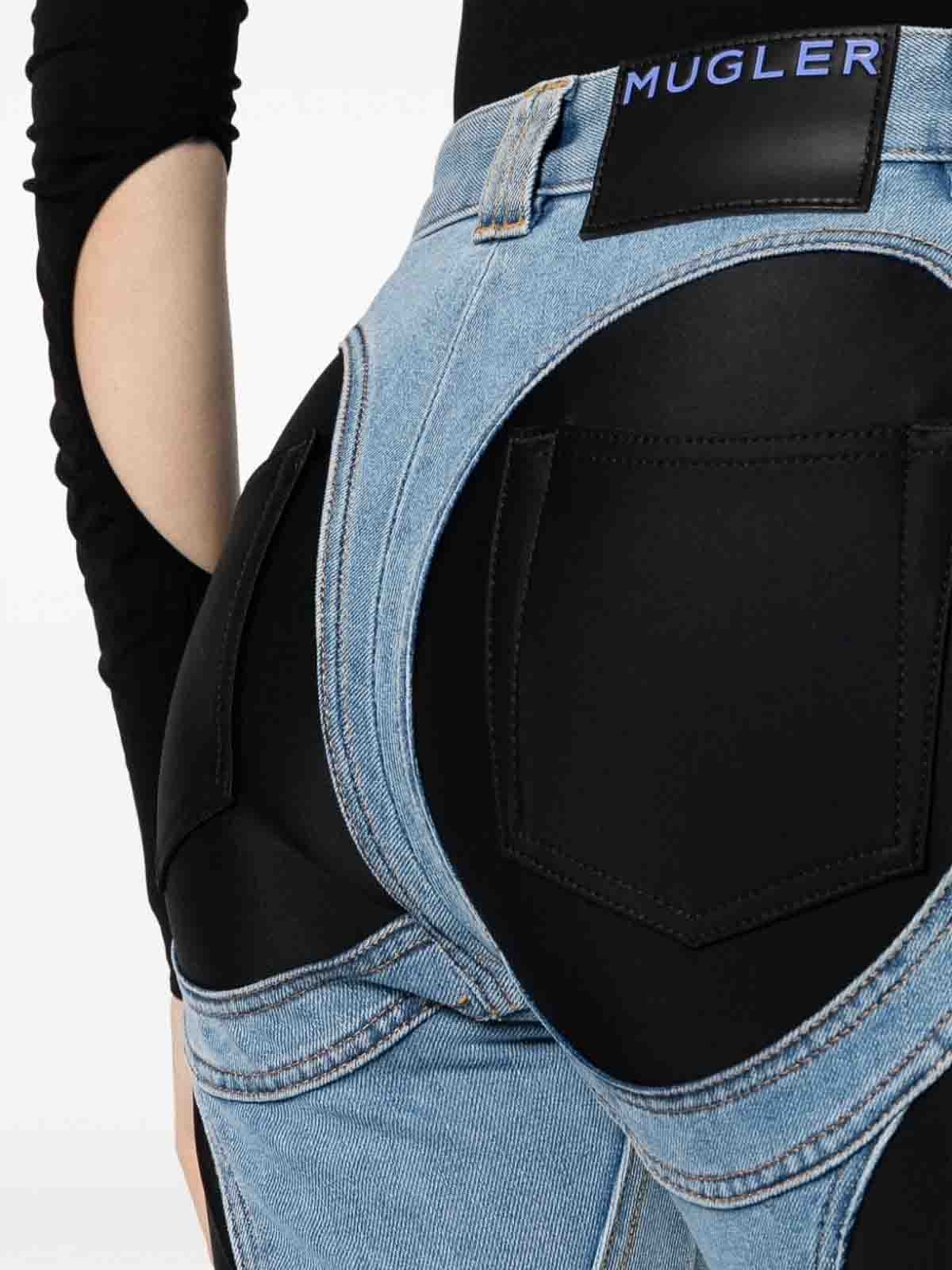 Shop Mugler Slited Bi-material Spiral Jeans In Blue