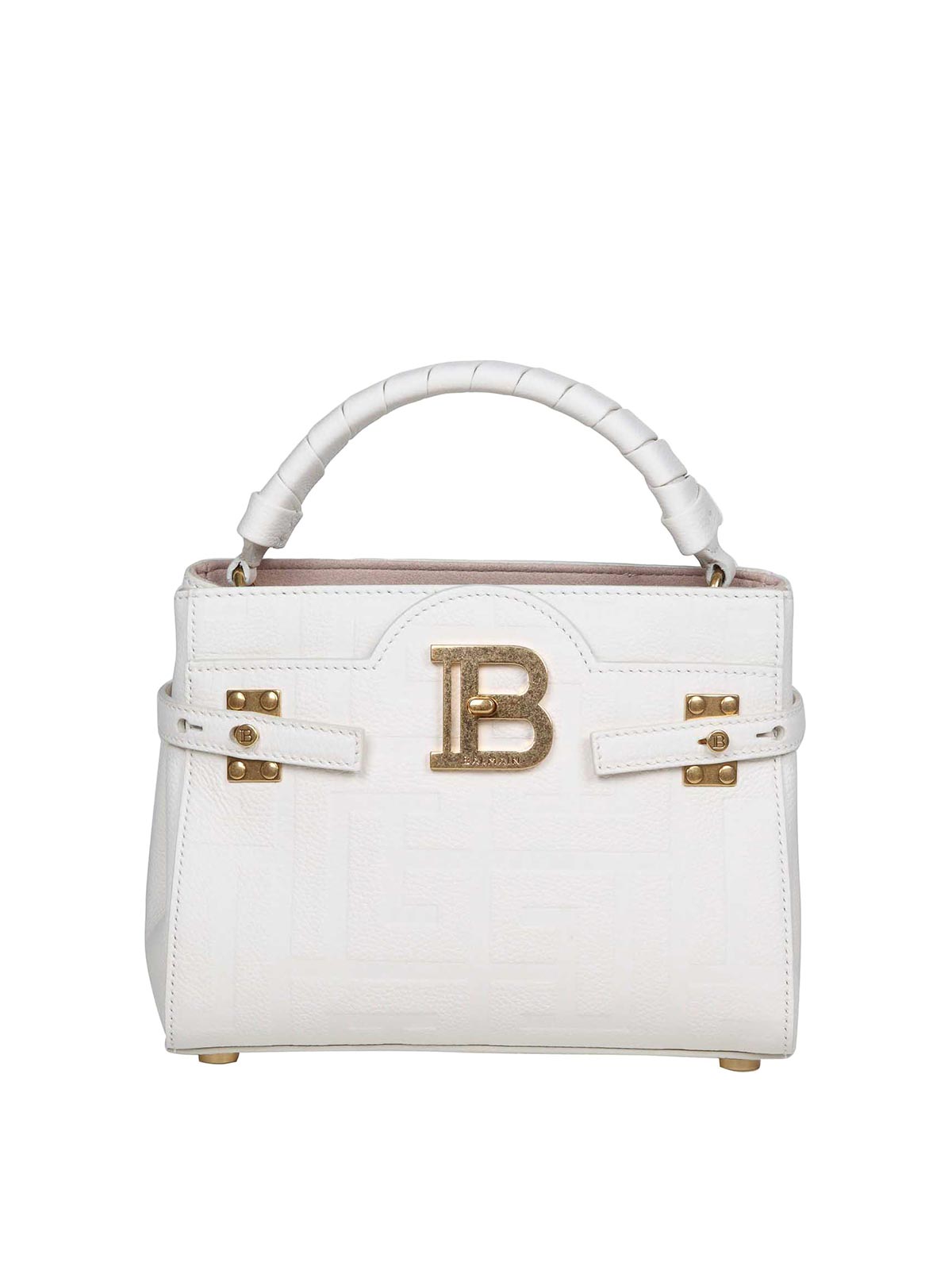 Balmain Bbuzz Handbag In Monogram Leather In Blanco