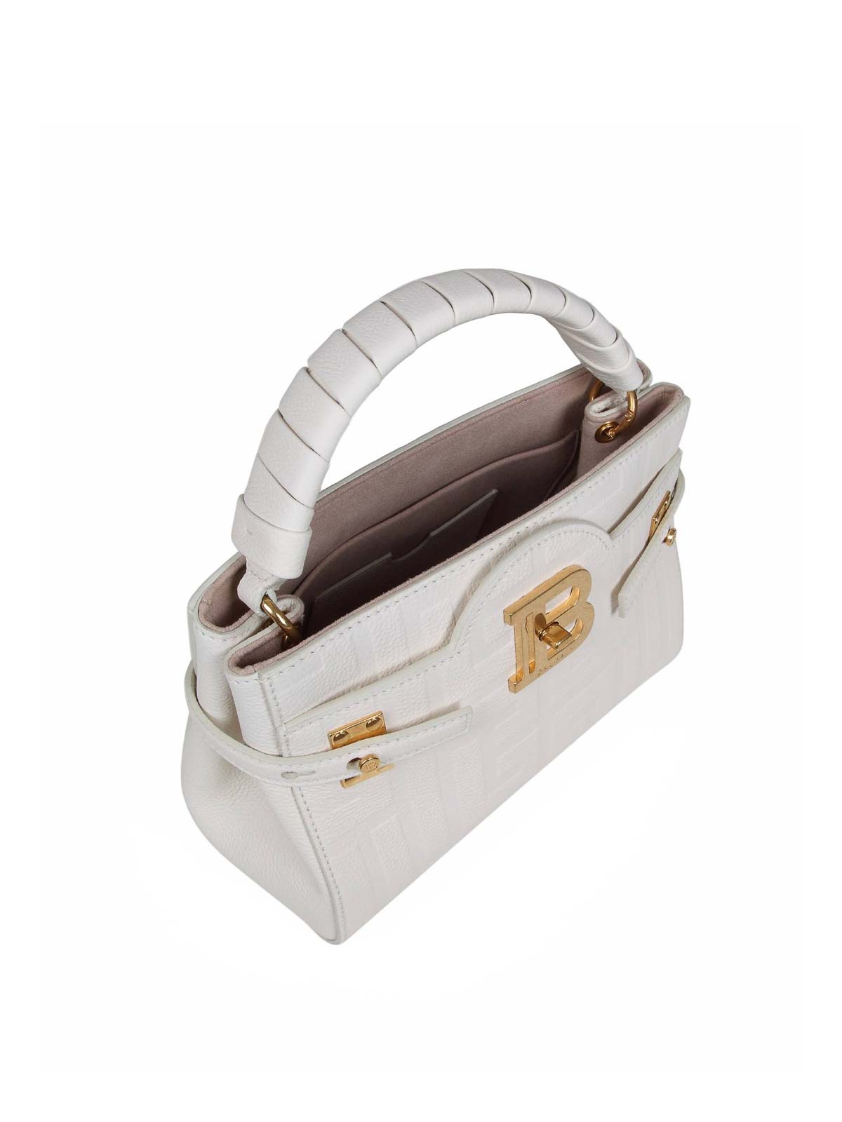 Shop Balmain Bbuzz Handbag In Monogram Leather In Blanco