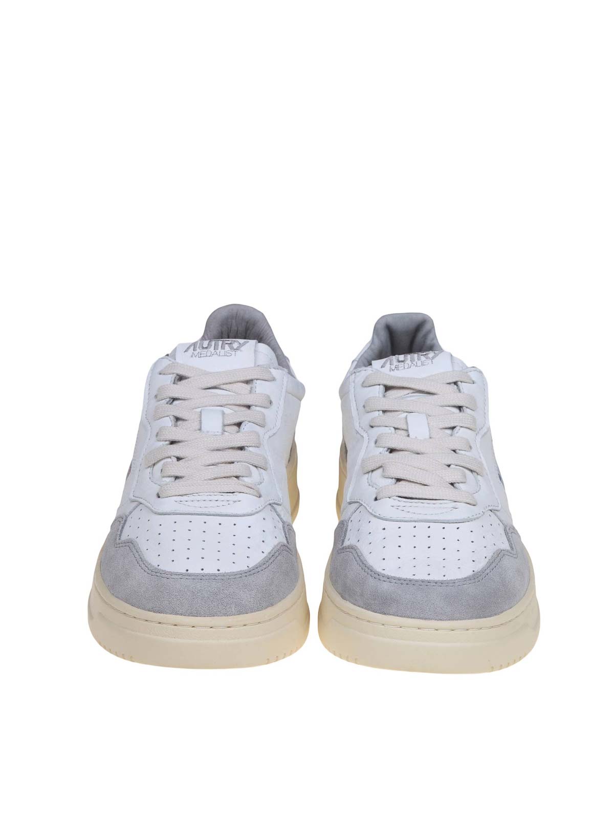 Shop Autry White And Gray Leather And Suede Sneakers