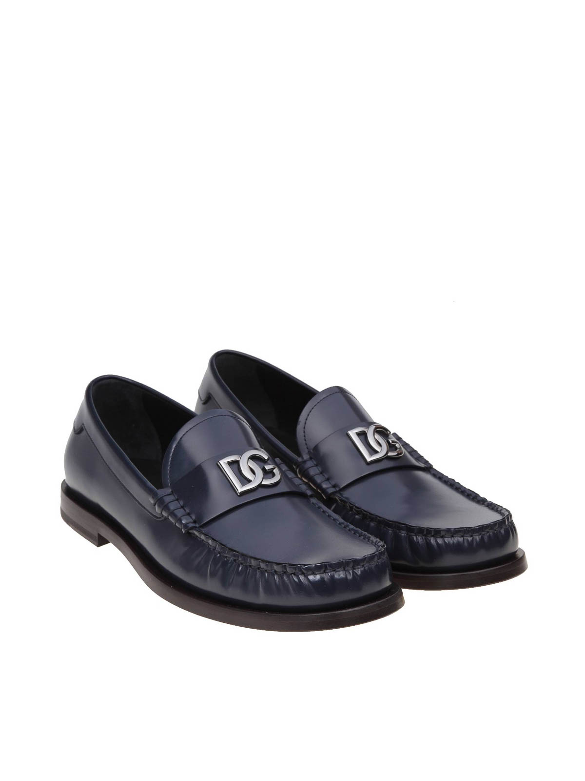 Shop Dolce & Gabbana Leather Moccasin With Dg Logo In Azul