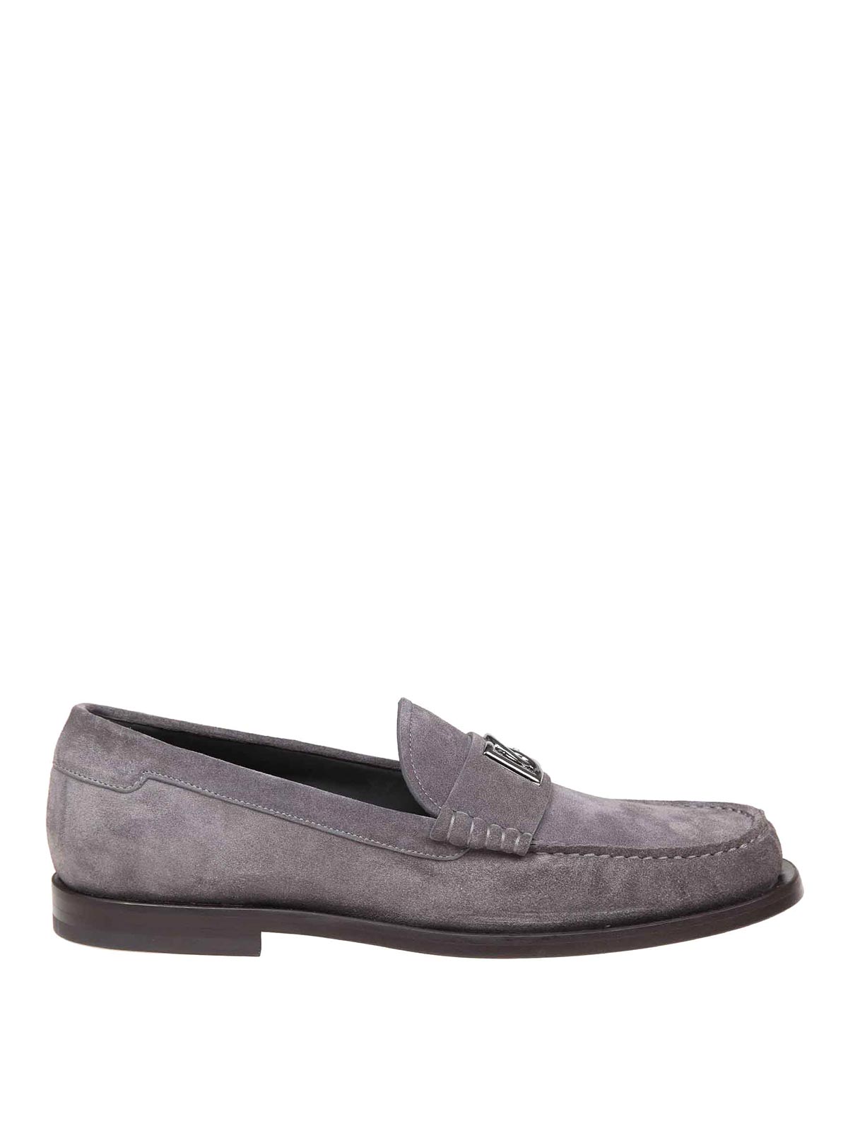 Dolce & Gabbana Suede Loafers With Round Toe And Metal Buckle In Gris