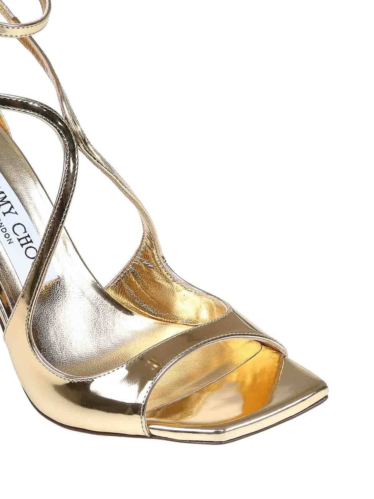 Shop Jimmy Choo Azia 95 Sandal In Gold Metallic Leather In Dorado