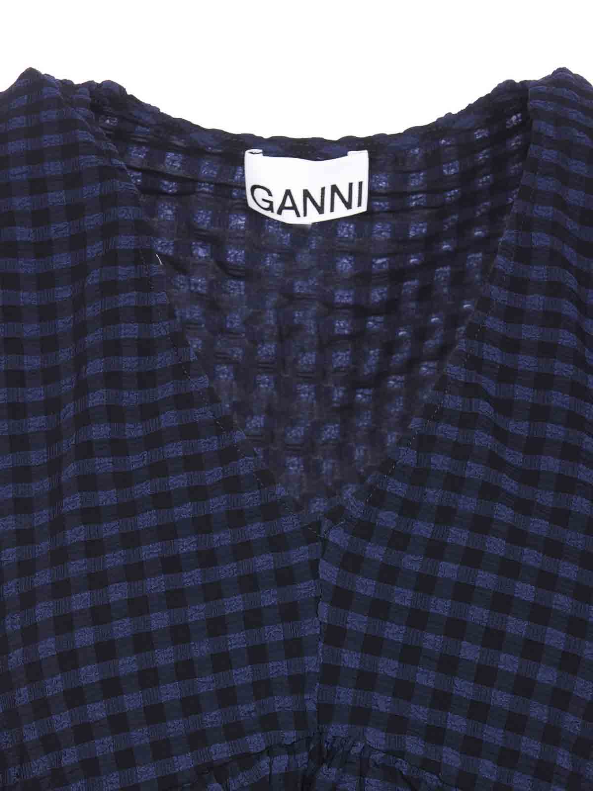 Shop Ganni Seersucker V-neck Blouse In Blue