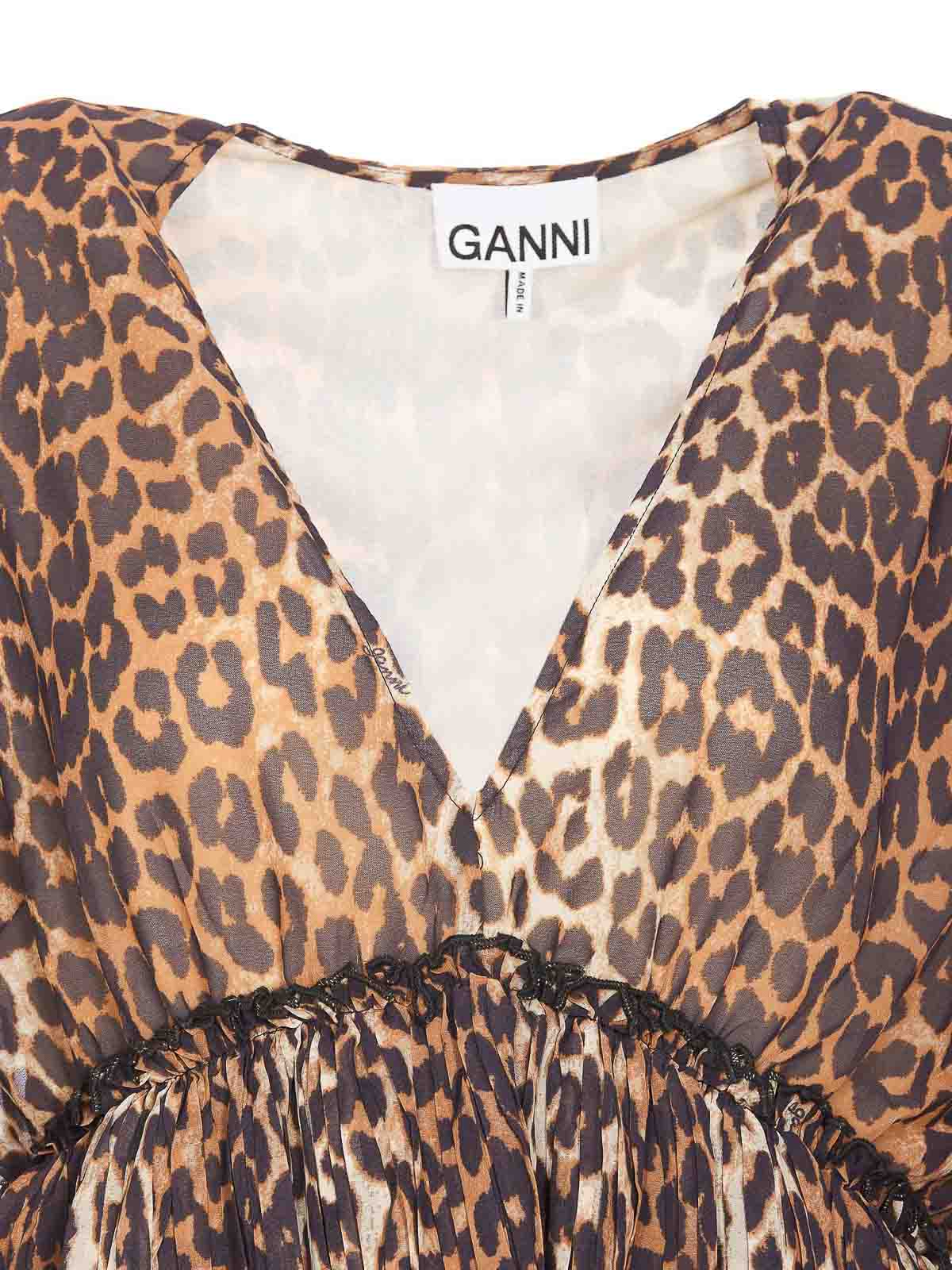 Shop Ganni V-neck Leopard Print Blouse In Beige