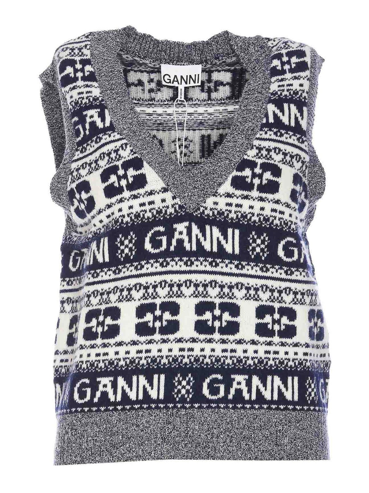 Ganni Logo Wool Mix Vest In Blue