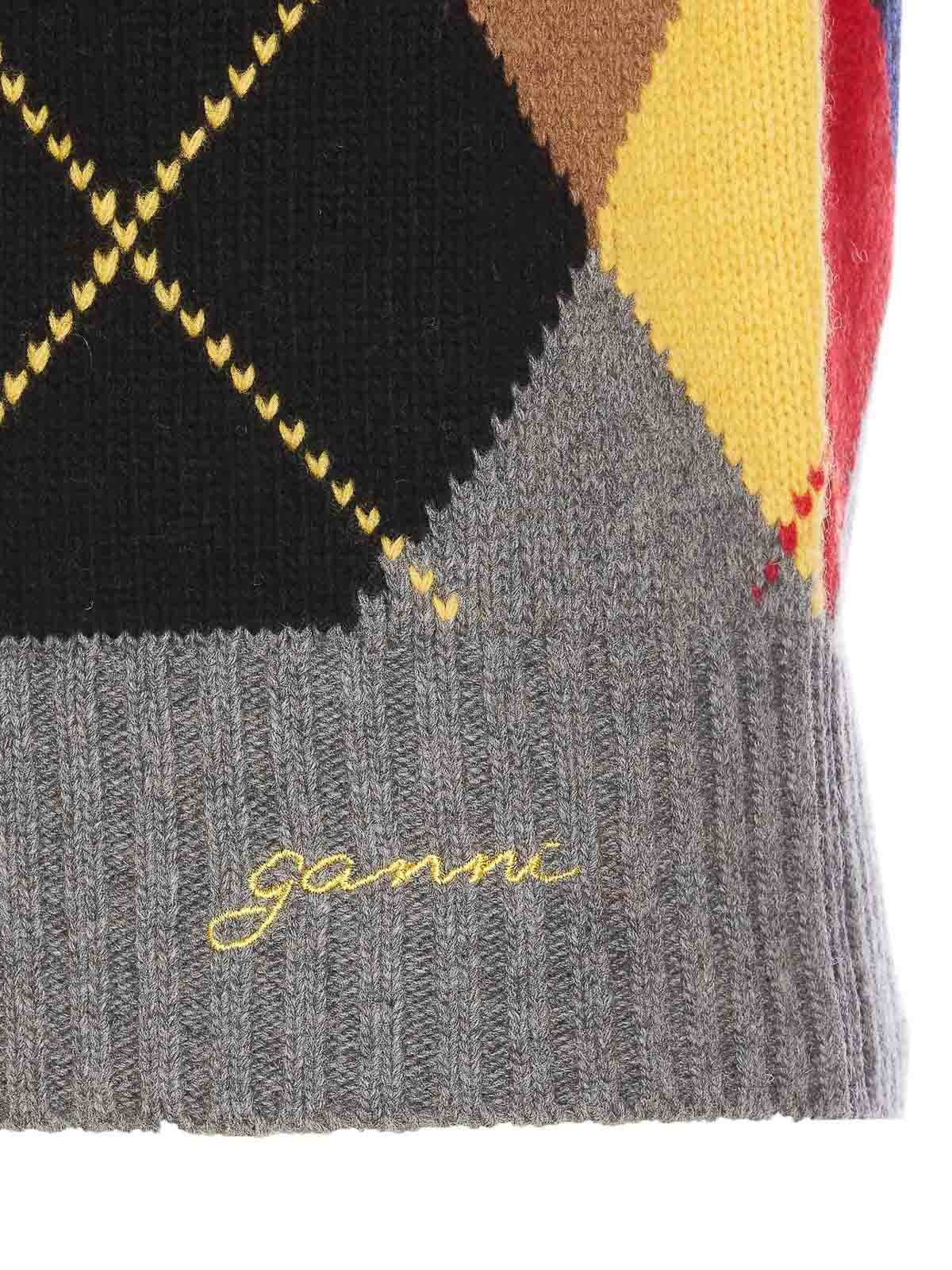 Shop Ganni Harlequin Wool Mix Knit Vest In Grey