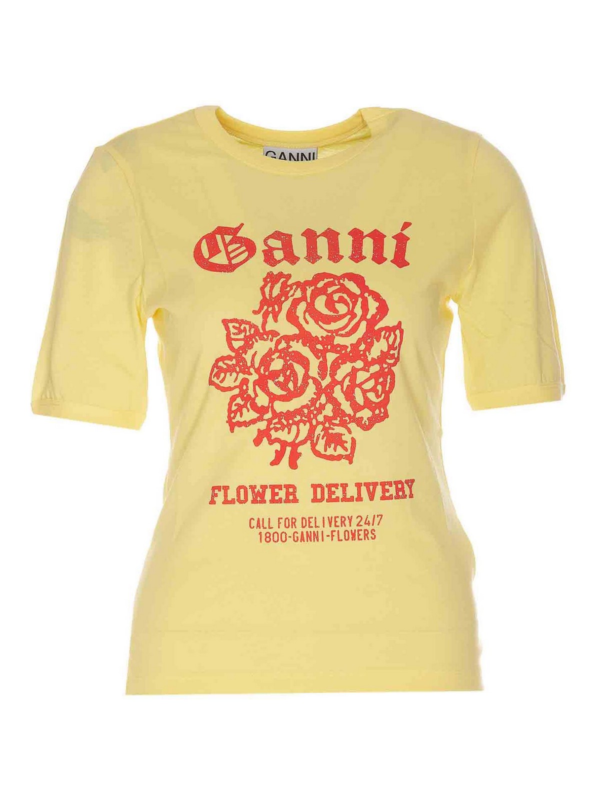 Ganni Flower Logo T-shirt In Yellow