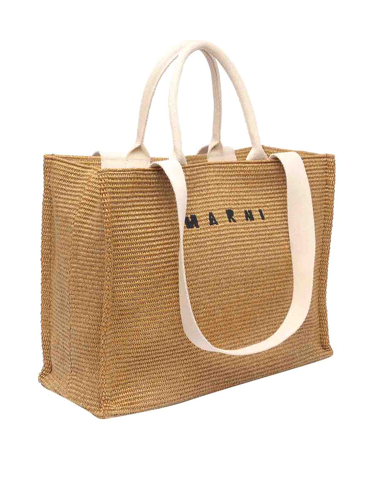 Shop Marni Fabric Rafia Effect Shopping Bag In Beige