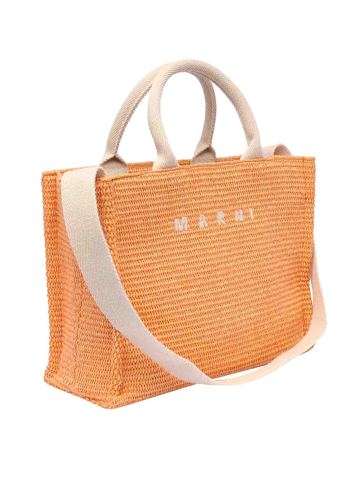 Shop Marni Rafia Effect Logo Tote Bag In Orange