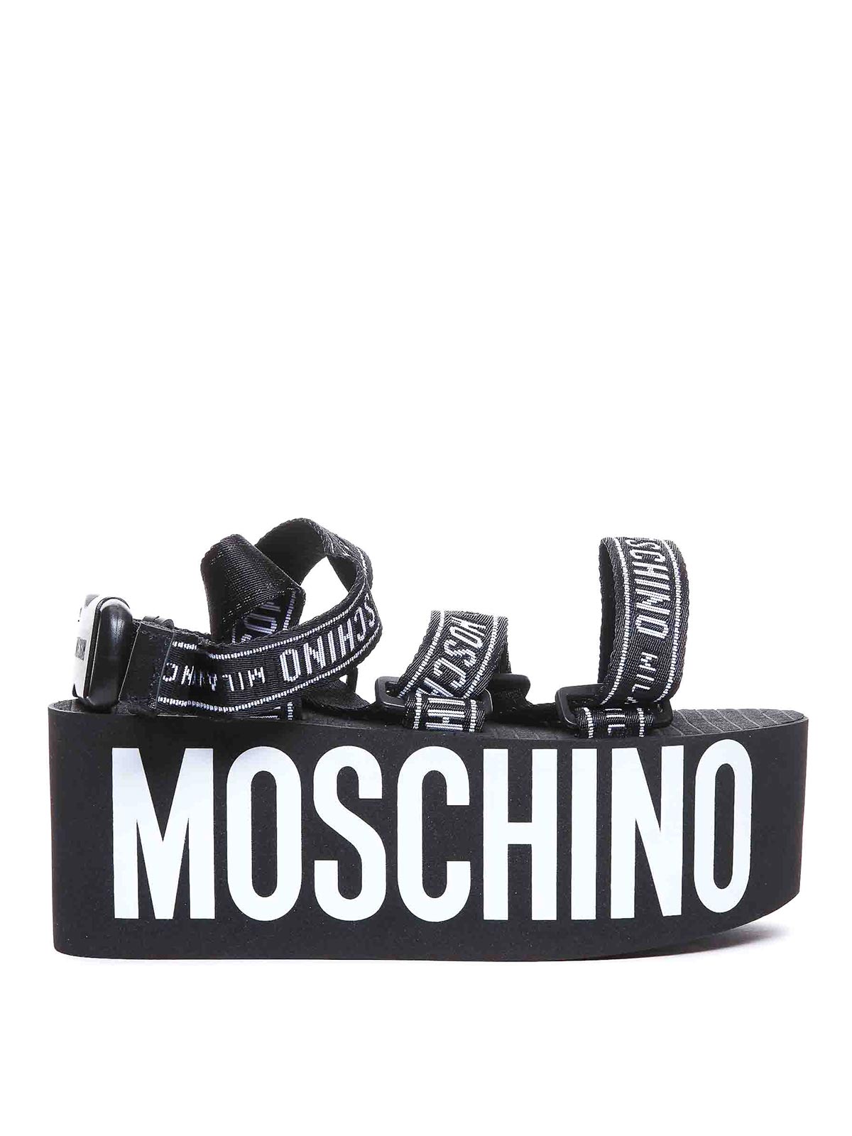 Shop Moschino Logo Tape Wedge Sandals In Black