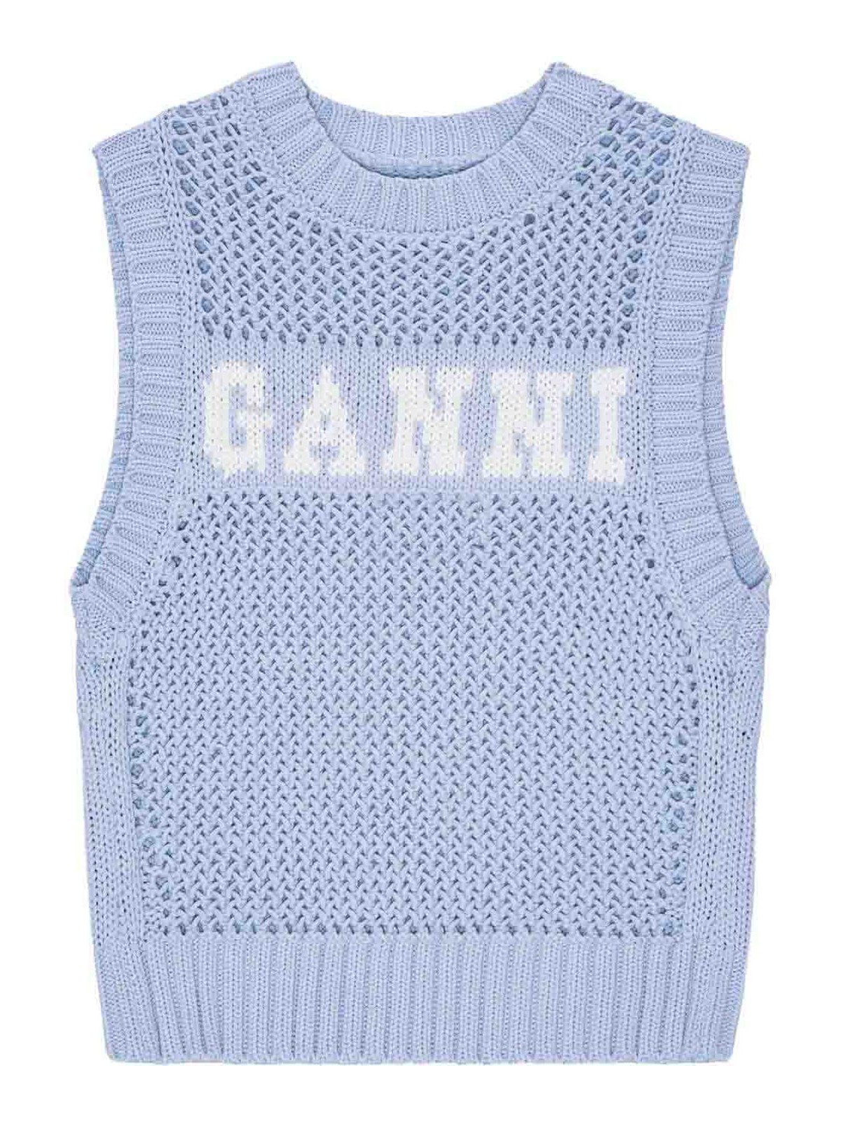 Ganni Sleeveless Knit Waistcoat In Light Blue