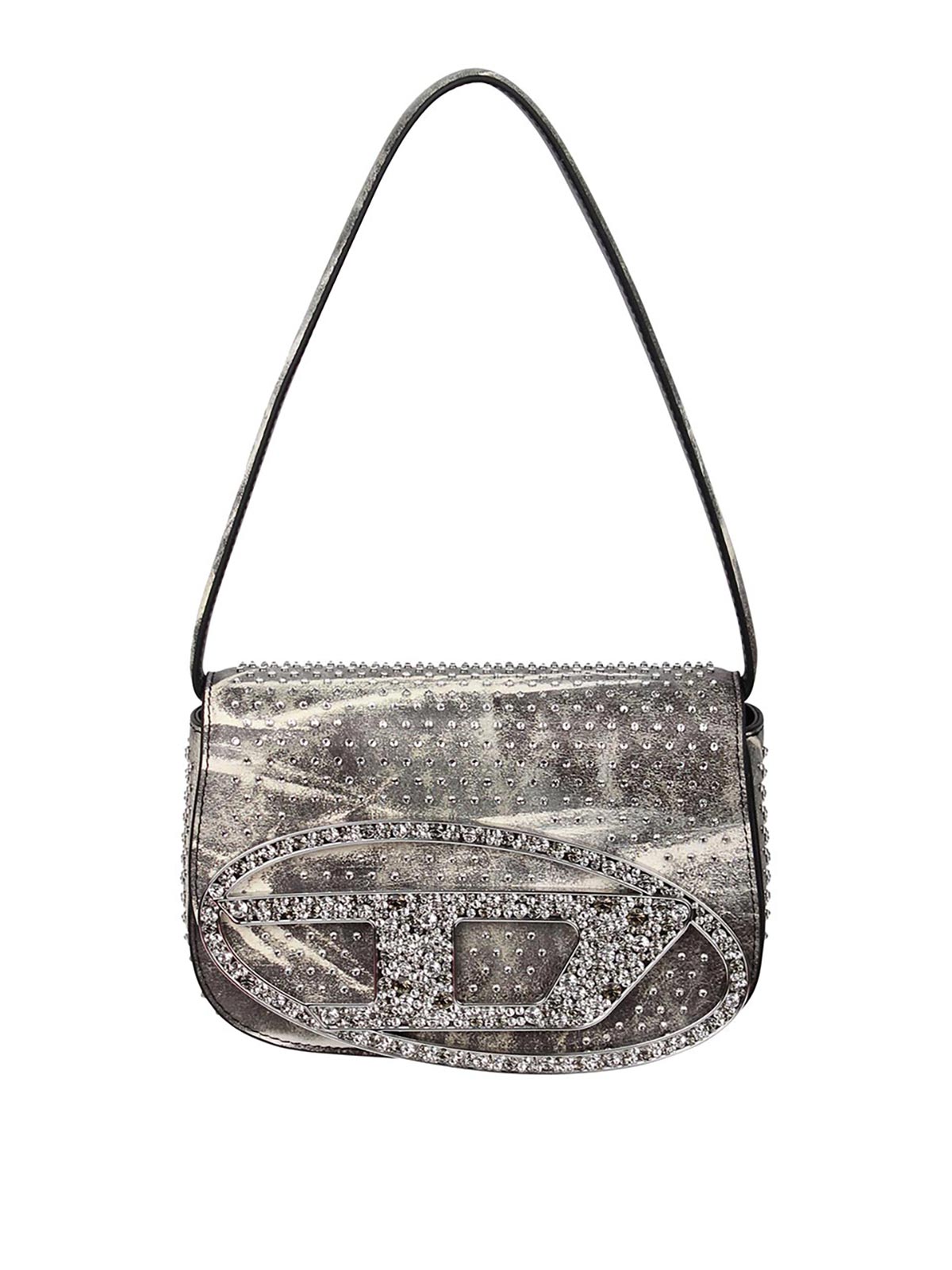 Diesel Shoulder Bag With Crystal Decoration In Silver