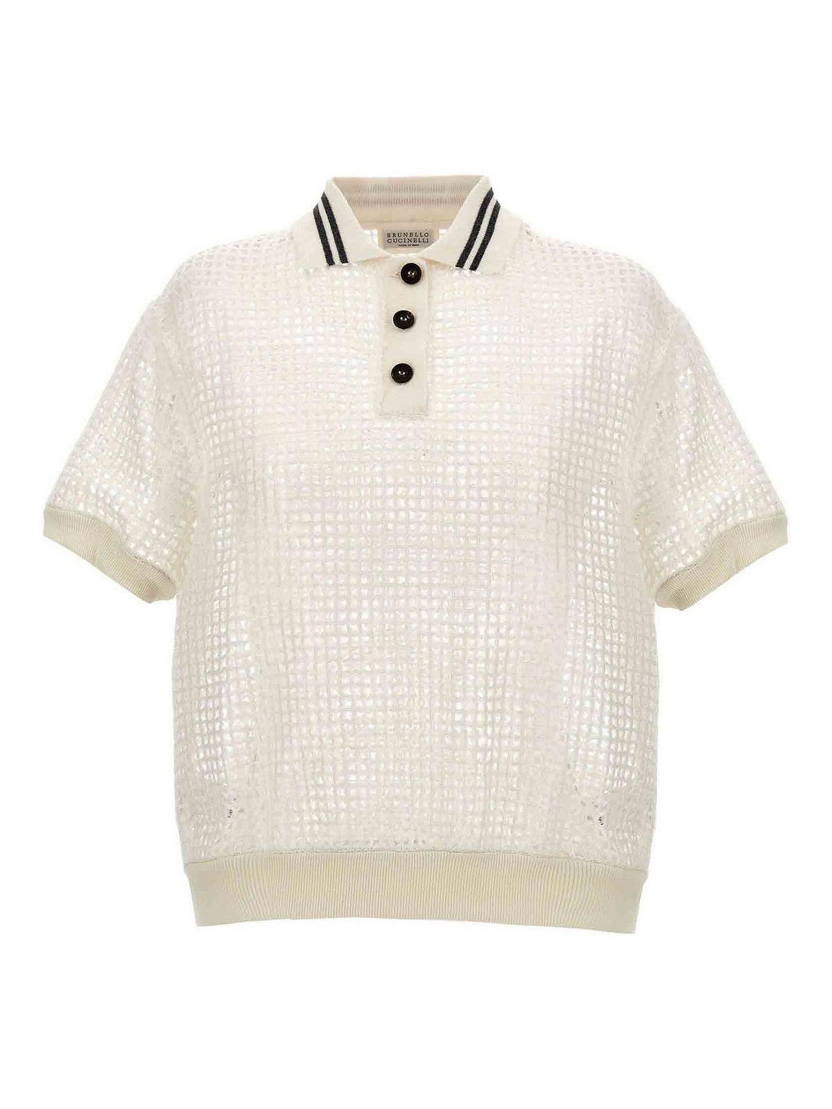 Brunello Cucinelli Netted Polo Shirt With Contrast Stripes In White